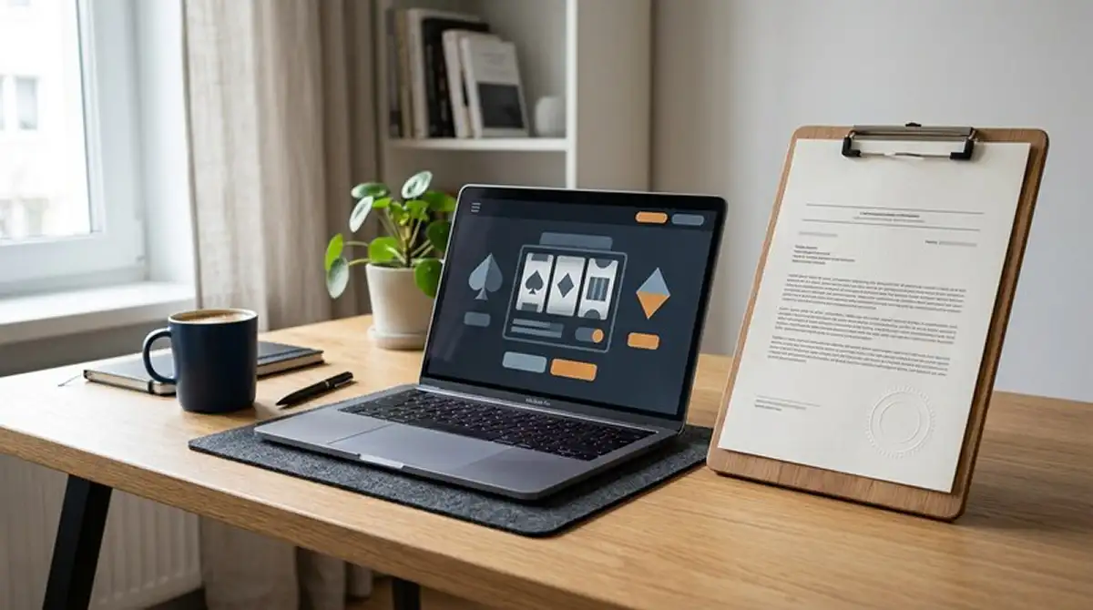 Casino uden rofus 2026 arbejdsplads med laptop og neutralt licensdokument